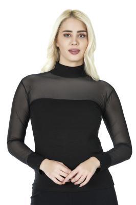 Derya Kurşun Balıkçı Yaka Transparan Kadın Siyah Tişört 296
