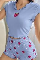Kadın Çilek Desenli Mavi Şortlu Pijama Takım _ RSL10001