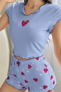 Kadın Çilek Desenli Mavi Şortlu Pijama Takım _ RSL10001