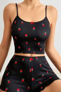Kadın Çilek Desenli Siyah Şortlu Pijama Takım _ RSL10005