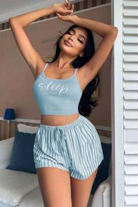 Kadın Çizgililı Askılı Mavi  Şortlu Pijama Takımı _ RSL10010