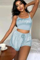 Kadın Çizgililı Askılı Mavi  Şortlu Pijama Takımı _ RSL10010