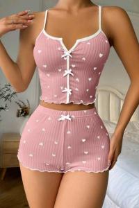 Kadın Kalp Detaylı Askılı Pembe Şortlu Pijama Takımı _ RSL10002