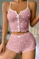 Kadın Kalp Detaylı Askılı Pembe Şortlu Pijama Takımı _ RSL10002
