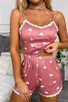 Kadın Kalp Detaylı Askılı Pudra Renk Şortlu Pijama Takımı _ RSL10004