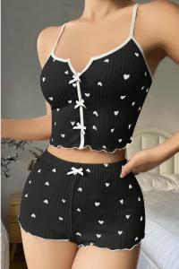 Kadın Kalp Detaylı Askılı Siyah Renk Şortlu Pijama Takımı _ RSL10012