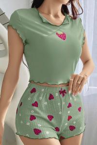 Kadın Çilek Detaylı Askılı Yeşil Şortlu Pijama Takımı _ RSL10009