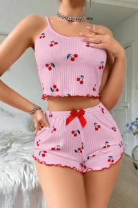 Kadın Kiraz Detaylı Askılı Pembe Şortlu Pijama Takımı _ RSL10003