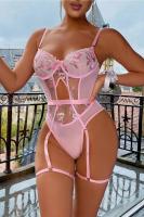 Kadın Pembe Transparan Çiçek Desenli Fantezi Babydoll - 8413PNK