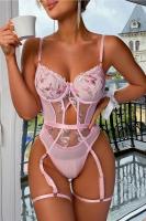 Kadın Pembe Transparan Çiçek Desenli Fantezi Babydoll - 8413PNK