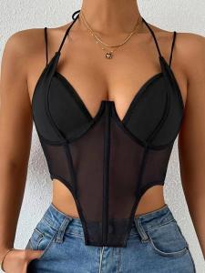 Kadın Siyah Balenli İnce Askılı Body - 2003