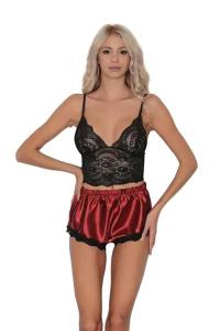 Kadın Siyah Dantel Büstiyerli Fantezi Şort Takım - 2114