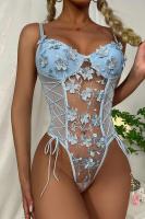 Kadın Çiçek Desenli Mavi Transparan Detay Fantezi Babydoll - 8423BLUE
