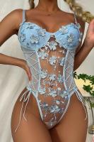 Kadın Çiçek Desenli Mavi Transparan Detay Fantezi Babydoll - 8423BLUE