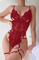 Kadın Kırmızı Çiçek Işleme Detaylı Siyah Jartiyer & Büstiyer Takım - 8405R