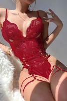 Kadın Kırmızı Çiçek Işleme Detaylı Siyah Jartiyer & Büstiyer Takım - 8405R