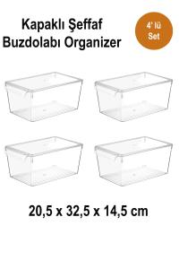 4 Adet  20 x 32,5 x 14,5 cm  Şeffaf Kapaklı Buzdolabı Organizer - 07443-4
