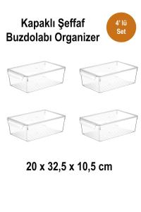 4 Adet  23 x 32,5 x 10 cm  Şeffaf Kapaklı Buzdolabı Organizer - 07442-3
