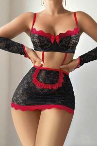 Kadın Kırmızı Siyah Dantel Çiçek Desen Hizmetçi Fantezi Kostümü - 2043
