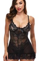 Kadın Dantel ve Tül Detaylı Siyah Mini Gecelik - 2030B