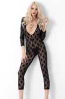 Kadın Siyah Fantezi Dantel Dekolteli Uzun Kollu Transparan Tulum - 2116