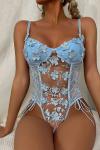 For Dreams Kadın Çiçek Desenli Mavi Transparan Detay Fantezi Babydoll - 8423BLUE