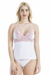 Derya Kurşun Çapraz Askılı Güpür Dantelli Beyaz Atlet Külot Takım 080