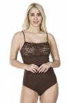 Derya Kurşun Dantel Yaka Askılı Çıtçıtlı Kadın Kahverengi Body 312
