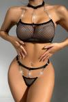 Kadın Siyah Zincir Detaylı Tül İç Çamaşır Takımı - 2125